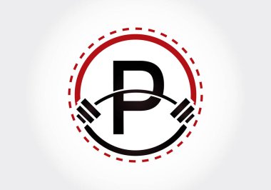 P harfinin baş harfi halterli alfabe. Vektör logosu tasarımı kaldırılıyor. Vücut geliştirme, spor salonu, fitness ve şirket kimliği için modern vektör logosu