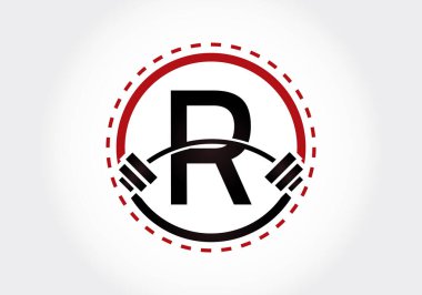 R harfinin baş harfli alfabesi, halterli. Vektör logosu tasarımı kaldırılıyor. Vücut geliştirme, spor salonu, fitness ve şirket kimliği için modern vektör logosu