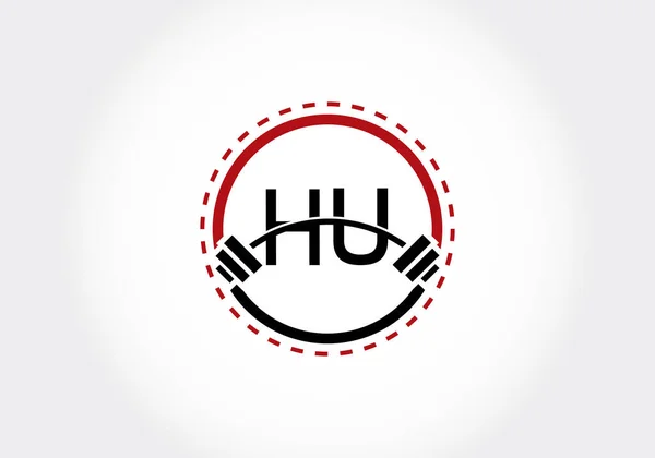 带有杠铃的初始Hu字母字母 升降矢量标志设计 健身和公司身份的现代矢量标志 — 图库矢量图片