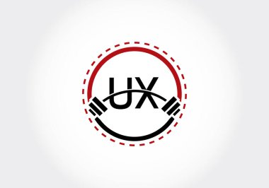 Halterli ilk UX harfi alfabesi. Vektör logosu tasarımı kaldırılıyor. Vücut geliştirme, spor salonu, fitness ve şirket kimliği için modern vektör logosu