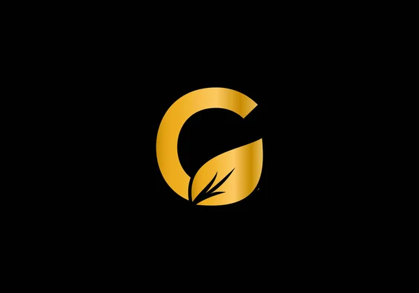 Golden Initial Monogram Alfabet Med Blad Grönt Miljövänligt Logotyp Koncept — Stock vektor