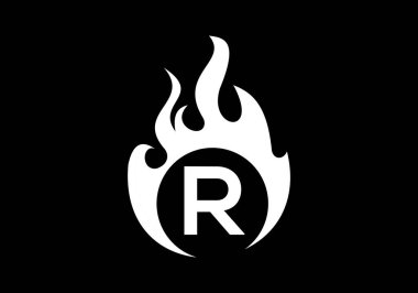 Ateşli alfabede siyah R harfleri var. Alev tasarımı element vektör çizimi yakılıyor. Şirket marka kimliği
