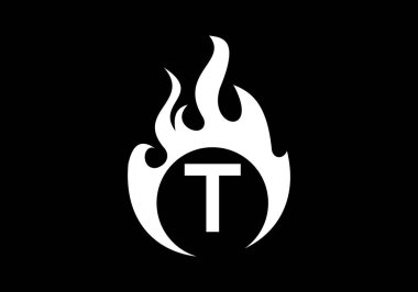 Ateşli logolu Siyah Baş harfli T harfleri. Alev tasarımı element vektör çizimi yakılıyor. Şirket marka kimliği
