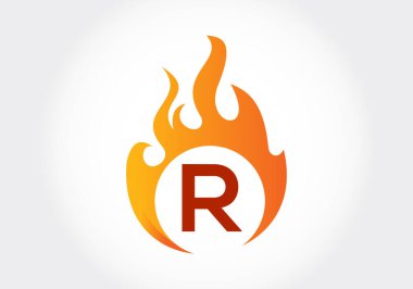 R harfinin baş harfleri alfabede ve yangın logosu. Alev tasarımı element vektör çizimi yakılıyor. Şirket marka kimliği