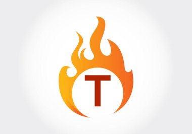Ateşli logolu T harfleri alfabesi. Alev tasarımı element vektör çizimi yakılıyor. Şirket marka kimliği