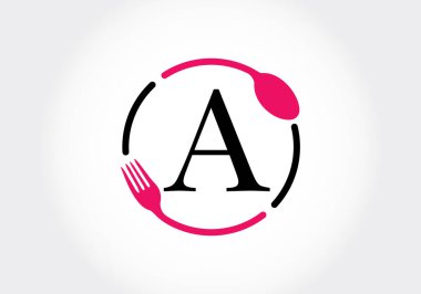 Çatallı baş harfleri A harfli alfabe, kaşık. Kafe, restoran, aşçılık işi ve şirket kimliği için modern vektör logosu