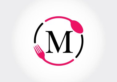 Baş harfleri çatallı M harfli alfabe, kaşık. Kafe, restoran, aşçılık işi ve şirket kimliği için modern vektör logosu