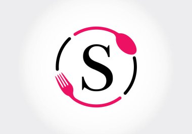 S harfinin baş harfleri, çatallı alfabe, kaşık. Kafe, restoran, aşçılık işi ve şirket kimliği için modern vektör logosu