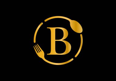 Altın renkli B harfli alfabe, çatallı, kaşık. Kafe, restoran, aşçılık işi ve şirket kimliği için modern vektör logosu