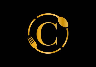 Altın renkli C harfli alfabe, çatallı, kaşık. Kafe, restoran, aşçılık işi ve şirket kimliği için modern vektör logosu