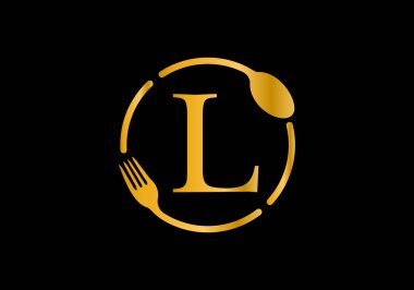 Altın rengi L harfli alfabe, çatallı, kaşık. Kafe, restoran, aşçılık işi ve şirket kimliği için modern vektör logosu