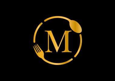Altın rengi baş harfi M harfli alfabe, çatallı, kaşık. Kafe, restoran, aşçılık işi ve şirket kimliği için modern vektör logosu