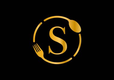 Altın rengi baş harfi S harfli alfabe, çatallı, kaşık. Kafe, restoran, aşçılık işi ve şirket kimliği için modern vektör logosu