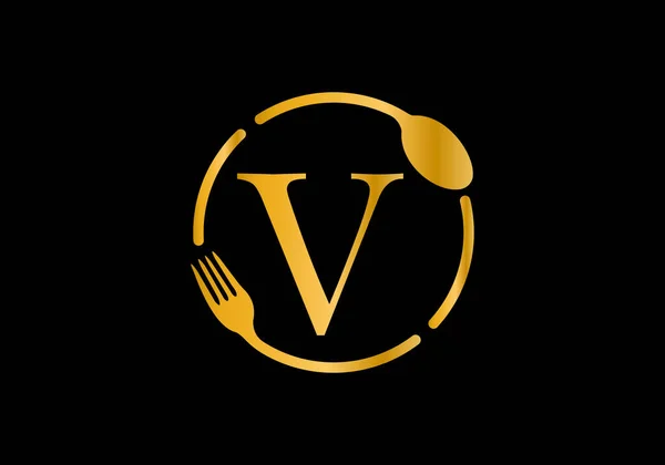 Altın rengi, çatallı V harfli alfabe, kaşık. Kafe, restoran, aşçılık işi ve şirket kimliği için modern vektör logosu