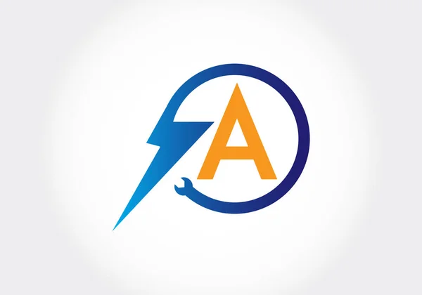 A harfinin baş harfleri alfabede ve elektrikli yıldırımlar. Yazı tipi amblemi. Teknoloji etiketleri, elektrik işi ve şirket kimliği için modern vektör logosu tasarımı