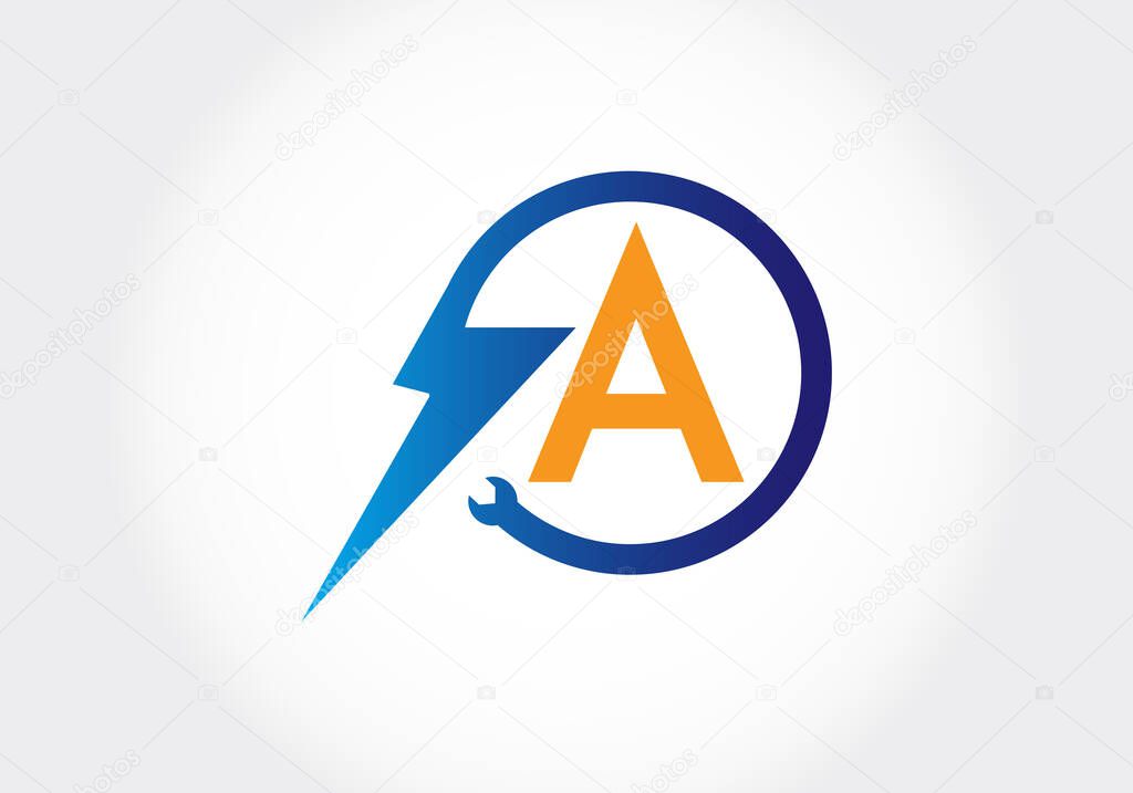 Initial A monogram letter alphabet with electric  Lighting bolt. Font emblem. Modern vector logo design for technology labels, electric business, and company identity