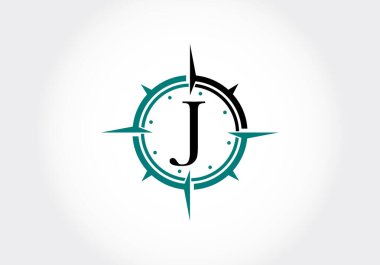Creative Compass Concept Logo Tasarım Şablonu ile büyük harf J Pusula amblem işareti. İş ve şirket kimliği için modern vektör logosu tasarımı.