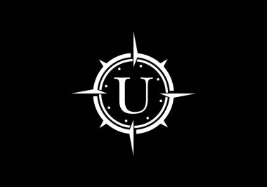 Creative Compass Logo Tasarım Şablonu olan siyah harf U. Pusula amblem işareti. İş ve şirket kimliği için modern vektör logosu tasarımı.