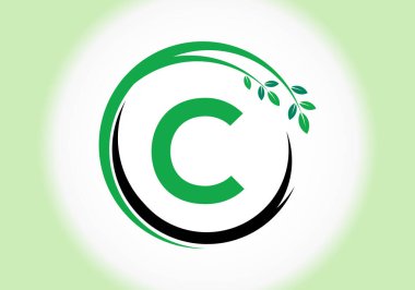 Yapraklı C harfi monogram alfabesi. Yeşil, çevre dostu logo konsepti. Ekolojik iş ve şirket kimliği için modern vektör logosu