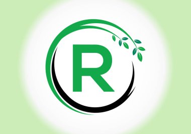 Yapraklı yaratıcı harf R alfabesi. Yeşil, çevre dostu logo konsepti. Ekolojik iş ve şirket kimliği için modern vektör logosu