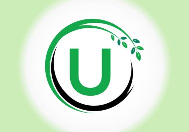 Yapraklı U harfi monogram alfabesi. Yeşil, çevre dostu logo konsepti. Ekolojik iş ve şirket kimliği için modern vektör logosu