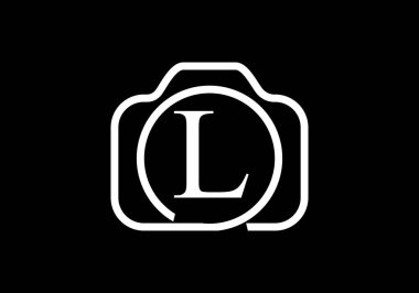 Kamera ikonlu siyah L harfli lüks alfabe. Fotoğraf logosu vektör illüstrasyonu. Fotoğraf işi ve şirket kimliği için modern logo tasarımı.