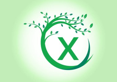 Ağaçlı yaratıcı harf X monogram alfabesi. Yeşil, çevre dostu logo konsepti. Ekolojik iş ve şirket kimliği için modern vektör logosu