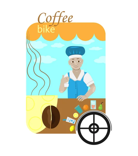 Bicicleta de café com um barman, uma caneca de café de baunilha no fundo do céu da manhã com nuvens — Vetor de Stock