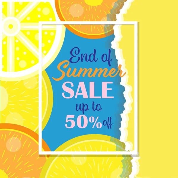 Banner Summer Sale. Fundo com o efeito de papel rasgado em cores azul e amarelo. Com limão e fatias de laranja 2 — Vetor de Stock
