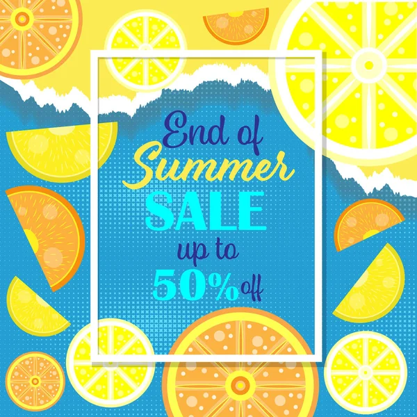 Banner Summer Sale. Fundo com o efeito de papel rasgado em cores azul e amarelo. Com limão e fatias de laranja 3 — Vetor de Stock