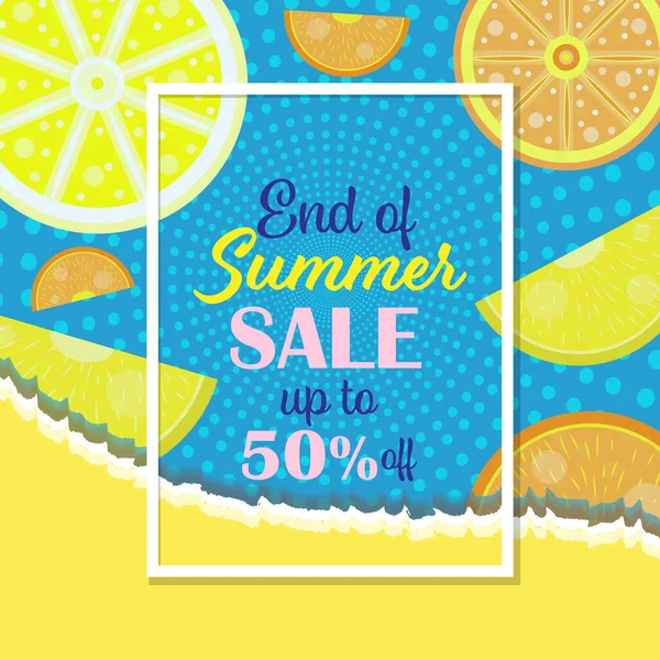 Banner Summer Sale. Fundo com o efeito de papel rasgado em cores azul e amarelo. Com fatias de limão e laranja 1 — Vetor de Stock