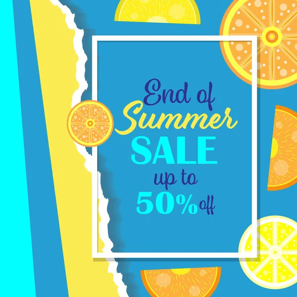 Banner Summer Sale. Fundo com o efeito de papel rasgado em cores azul e amarelo. Com limão e laranja fatias 5 — Vetor de Stock