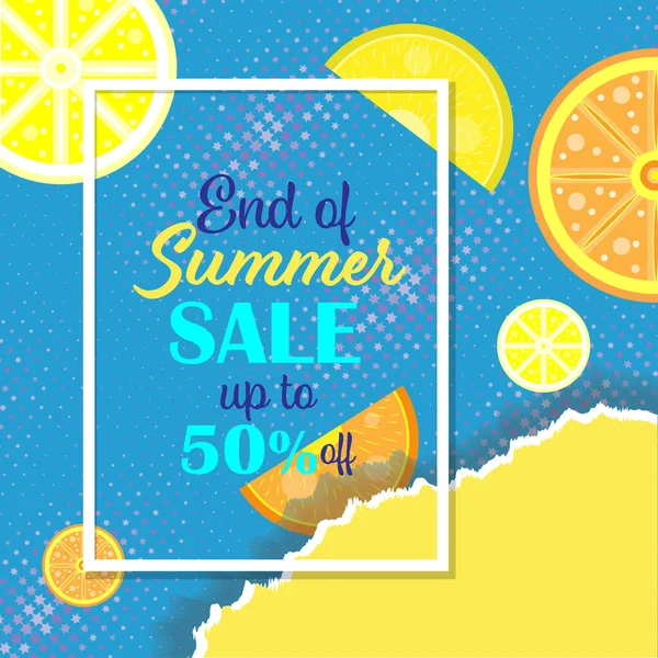 Banner Summer Sale. Fundo com o efeito de papel rasgado em cores azul e amarelo. Com limão e laranja fatias 4 — Vetor de Stock