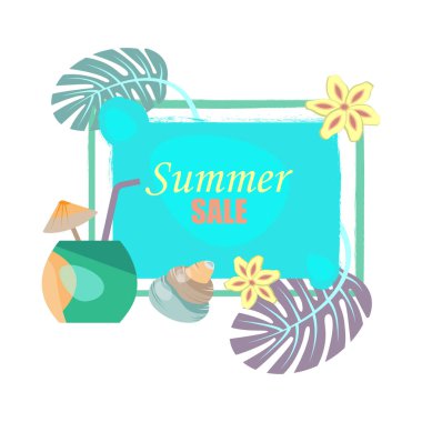 Banner Yaz Satışı. Monstera yaprakları, yasemin, deniz kabuğu ve egzotik içecek 1 içeren retro tarzı çerçeve.