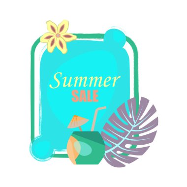 Banner Yaz Satışı. Canavar yaprağı, yasemin ve egzotik içecekle retro tarzı çerçeve