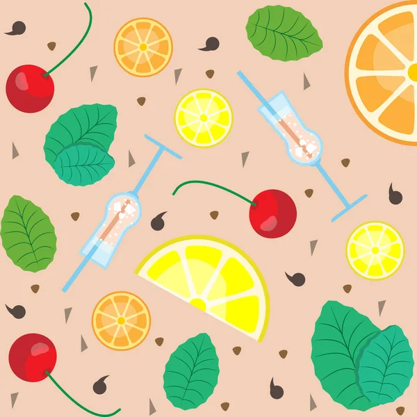 Nahtloses Muster mit einem Glas Saft, Blättern, einer Kirsche, Zitrone und Orangenscheiben auf weichem rosa Hintergrund — Stockvektor