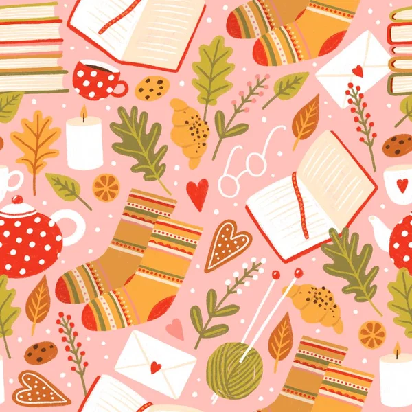 无缝隙的秋装图案 有书籍 饼干和粉色背景的心 图库图片