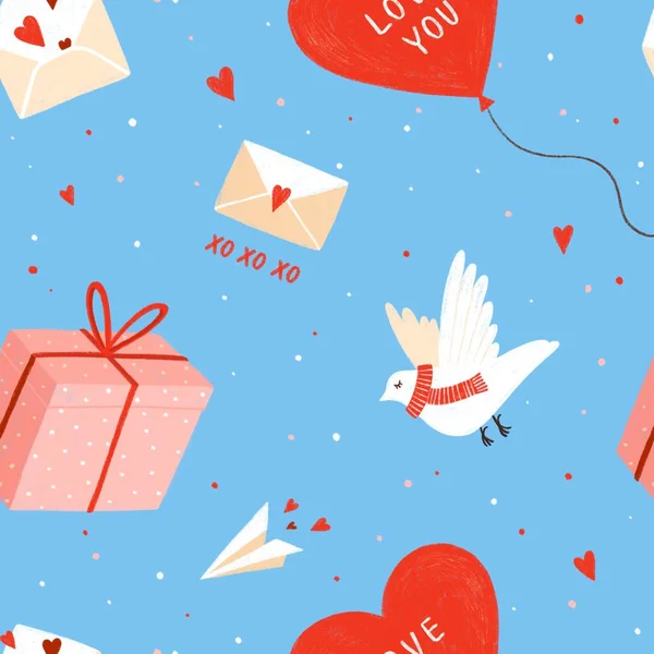 没有缝隙的情人节图案 有可爱的鸽子 情书和蓝色背景的心形气球 图库图片
