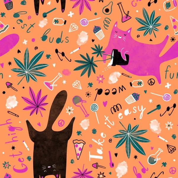 Seamless pattern with cute funny cats, cannabis leaves, bongs, hearts, joints. Weed background.