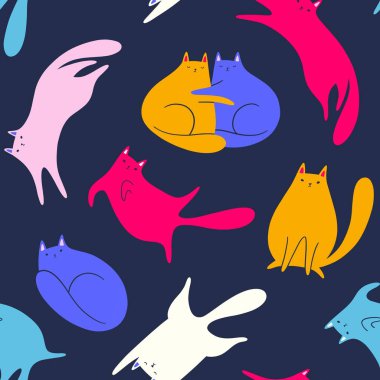 Koyu mavi arka planda sevimli renkli çizgi film kedileriyle kusursuz desen..