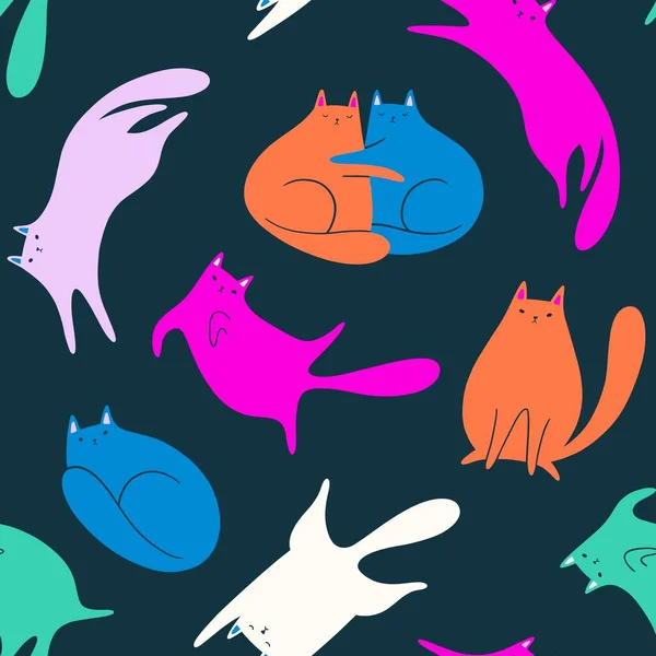无缝隙图案 有可爱有趣的彩色卡通猫 背景是深蓝色的 — 图库照片