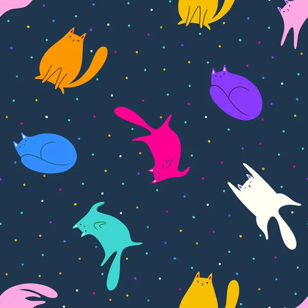 Płynny Wzór Cute Śmieszne Koty Kolorowe Kropki Polka Ciemnoniebieskim Tle — Zdjęcie stockowe