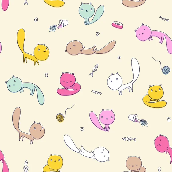 Płynny Wzór Cute Śmieszne Kolorowe Koty — Zdjęcie stockowe