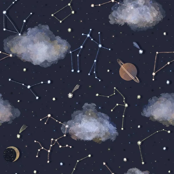 Space Seamless Pattern Stars Constellations Moon Planets Comets Clouds Dark — Stock Photo, Image