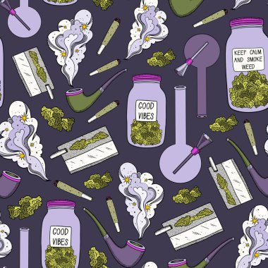 Esrar geçmişi. Marihuana kusursuz desen. Uyuşturucu tüketimi, esrar ve sigara içmek. Sigara içme ekipmanlarının eğlenceli karalama çizimi.