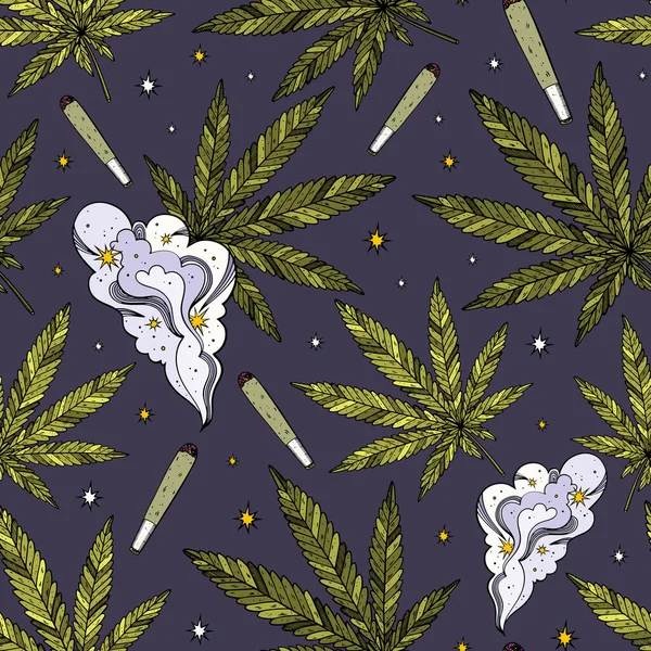 Weed background. Marijuana seamless pattern. Drug consumption, cannabis leaves and smoking drugs. Fun doodle illustration of smoking equipment.