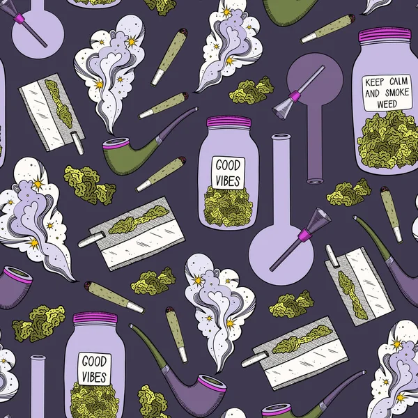 Weed background. Marijuana seamless pattern. Drug consumption, cannabis and smoking drugs. Fun doodle illustration of smoking equipment.