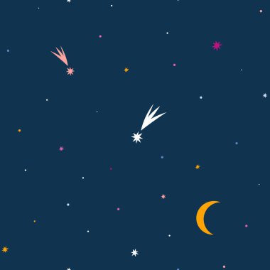 Renkli yıldızları, kuyruklu yıldızları ve mavi arka planda ayı olan kusursuz bir desen..