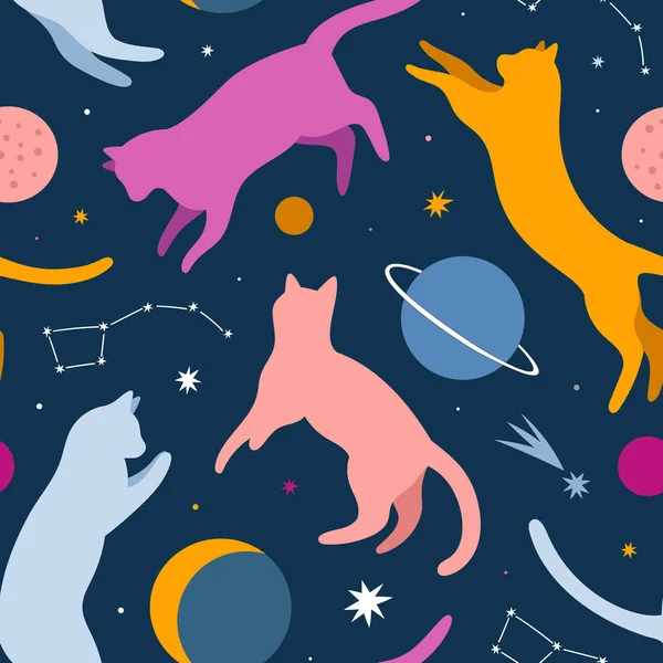 Katter Utrymme Bakgrund Kosmiskt Sömlöst Vektormönster Med Katter Som Flyter — Stockfoto