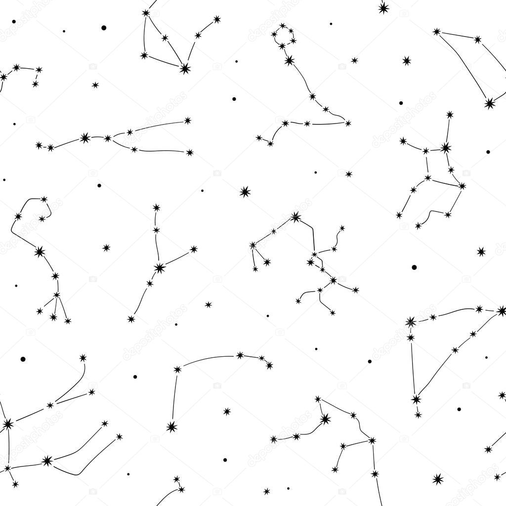 Seamless pattern with black zodiacal constellations on white background. Zodiac signs. Space background.